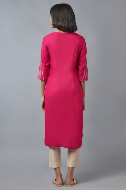 Dark Pink Floral Pleated kurta in Round Neck - wforwoman