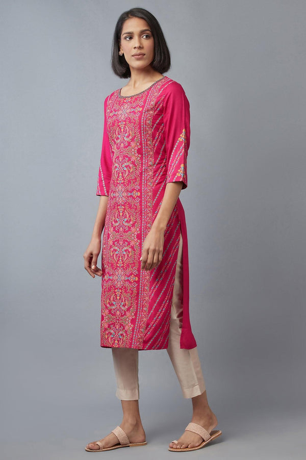 Dark Pink Floral Pleated kurta in Round Neck