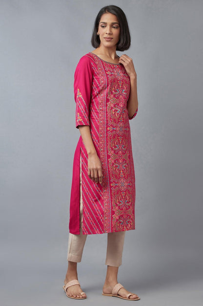 Dark Pink Floral Pleated kurta in Round Neck - wforwoman