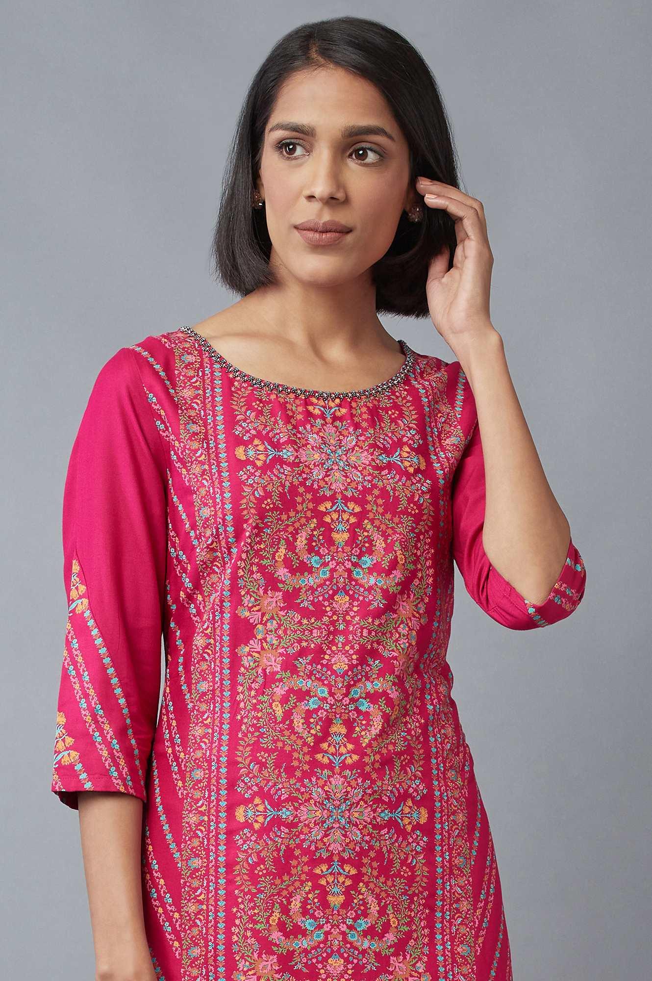 Dark Pink Floral Pleated kurta in Round Neck - wforwoman