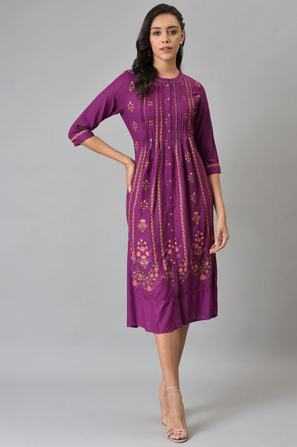 Dark Purple Floral Button Down Dress With Bead Work - wforwoman