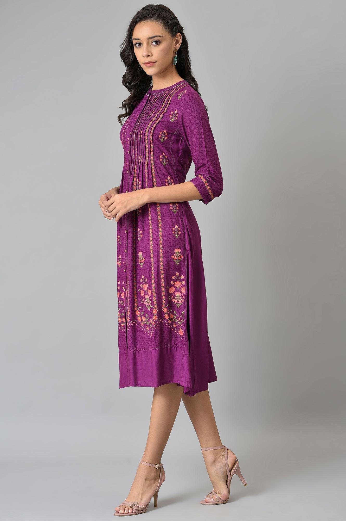 Dark Purple Floral Button Down Dress With Bead Work - wforwoman
