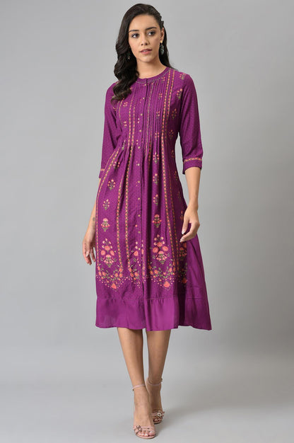 Dark Purple Floral Button Down Dress With Bead Work - wforwoman