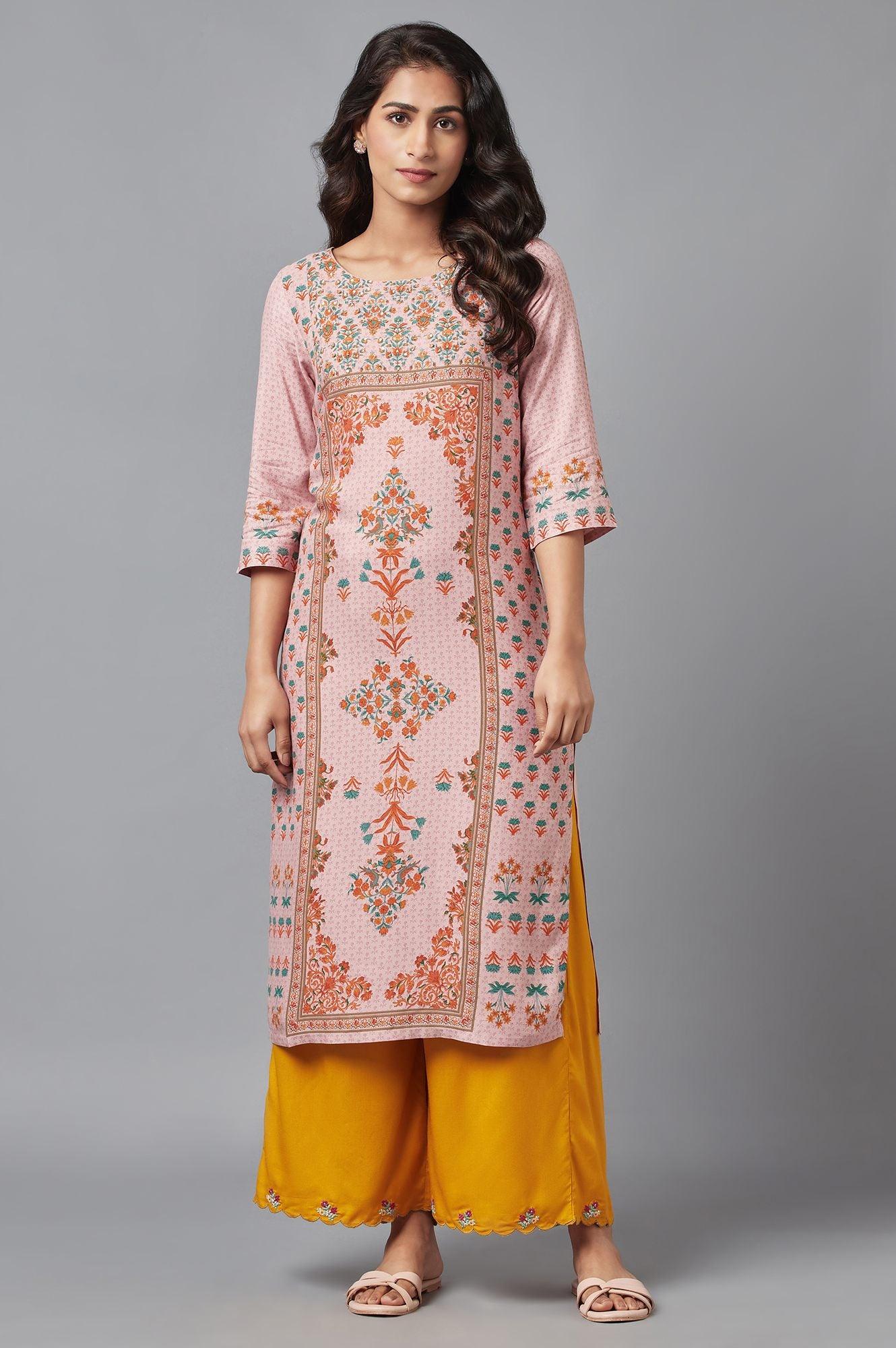 Light Pink Floral kurta with Sequin Work - wforwoman