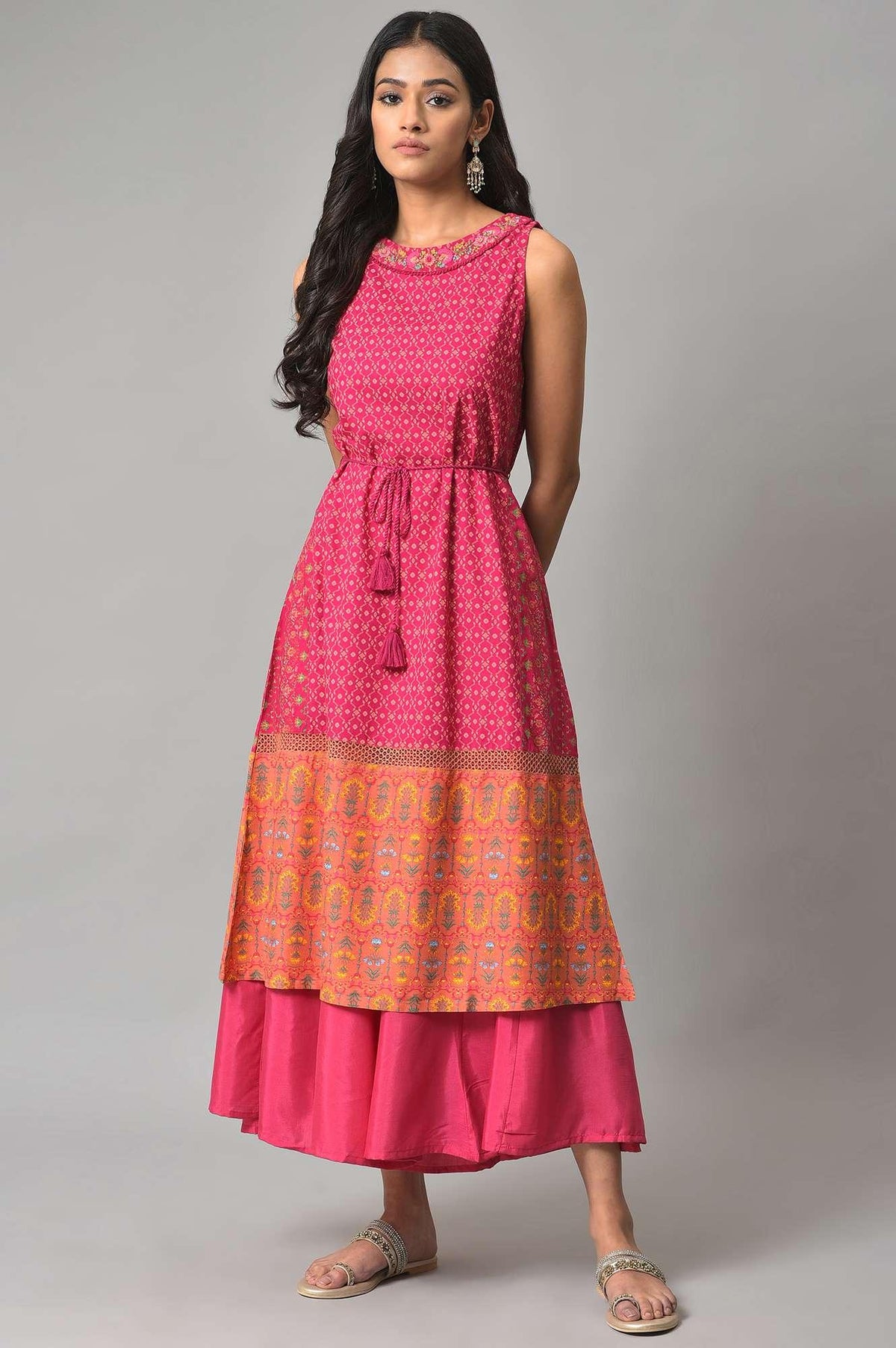 Dark Pink Sleeveless A-Line Dress With Embroidery - XS