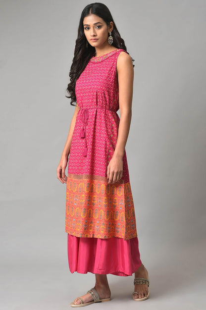 Dark Pink Sleeveless A-Line Dress With Embroidery - wforwoman