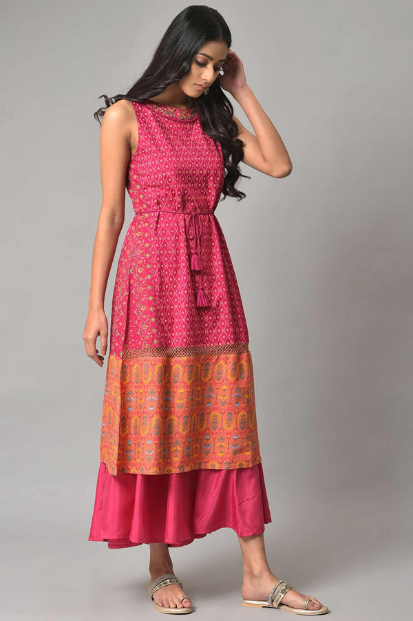 Dark Pink Sleeveless A-Line Dress With Embroidery