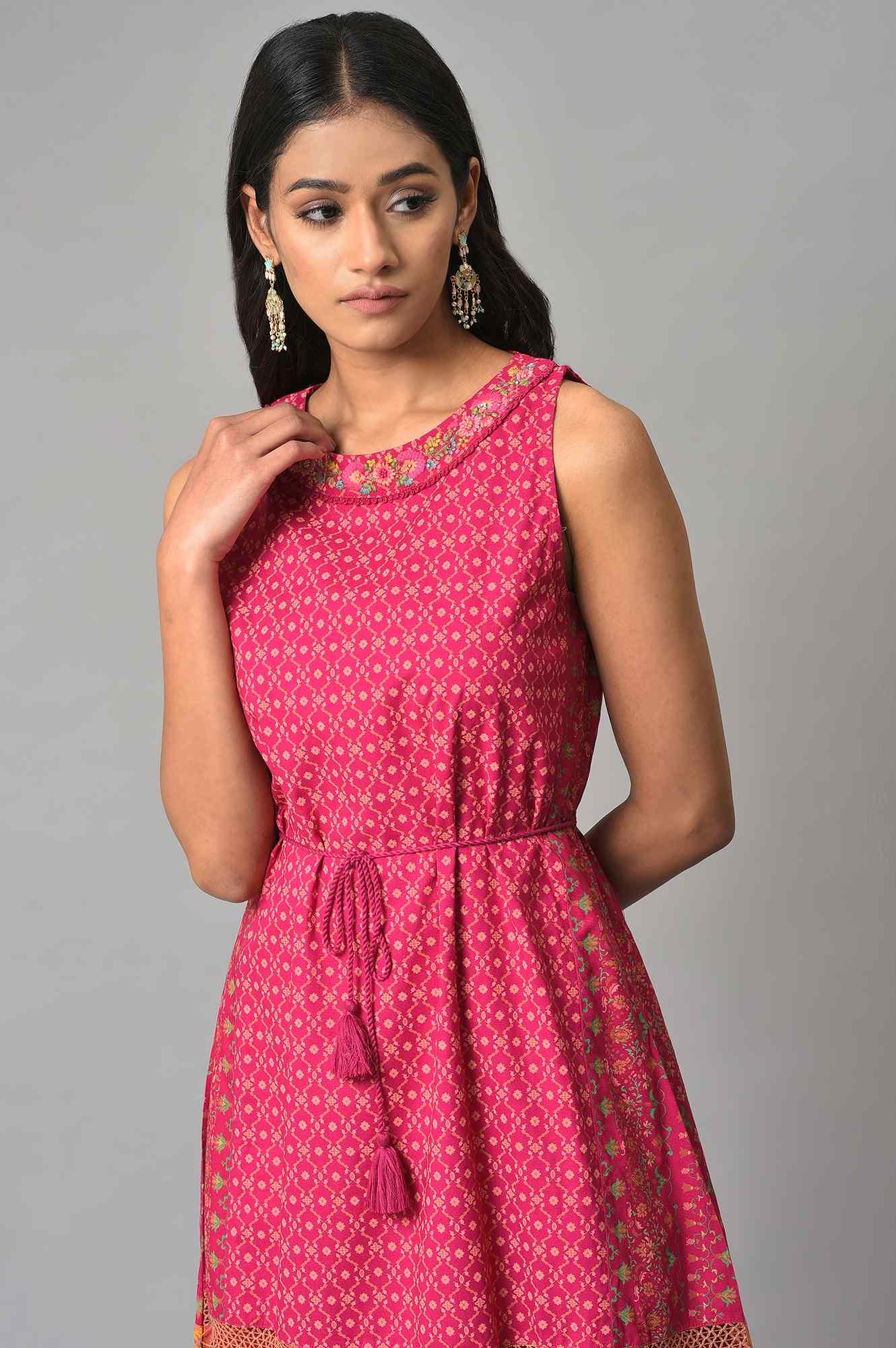 Dark Pink Sleeveless A-Line Dress With Embroidery - wforwoman