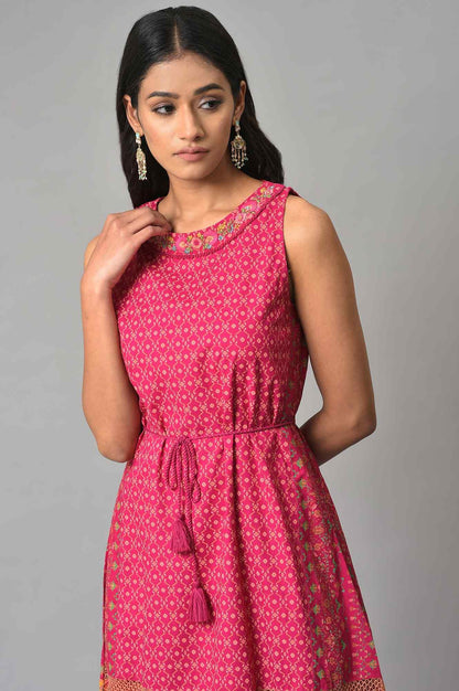 Dark Pink Sleeveless A-Line Dress With Embroidery - wforwoman