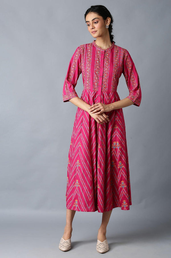 Dark Pink Glitter Floral Printed Rayon Ethnic Shirt Dress