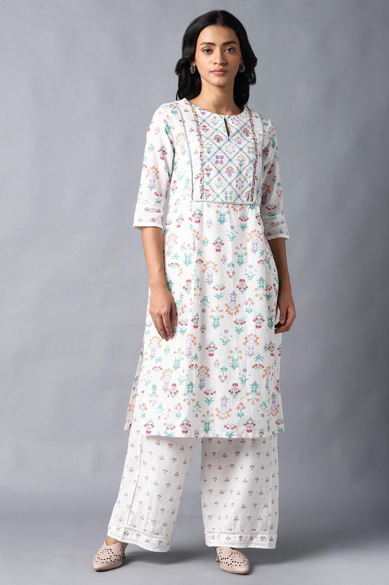 Ecru And Multicoloured Floral Printed In Straight Silhouette - wforwoman