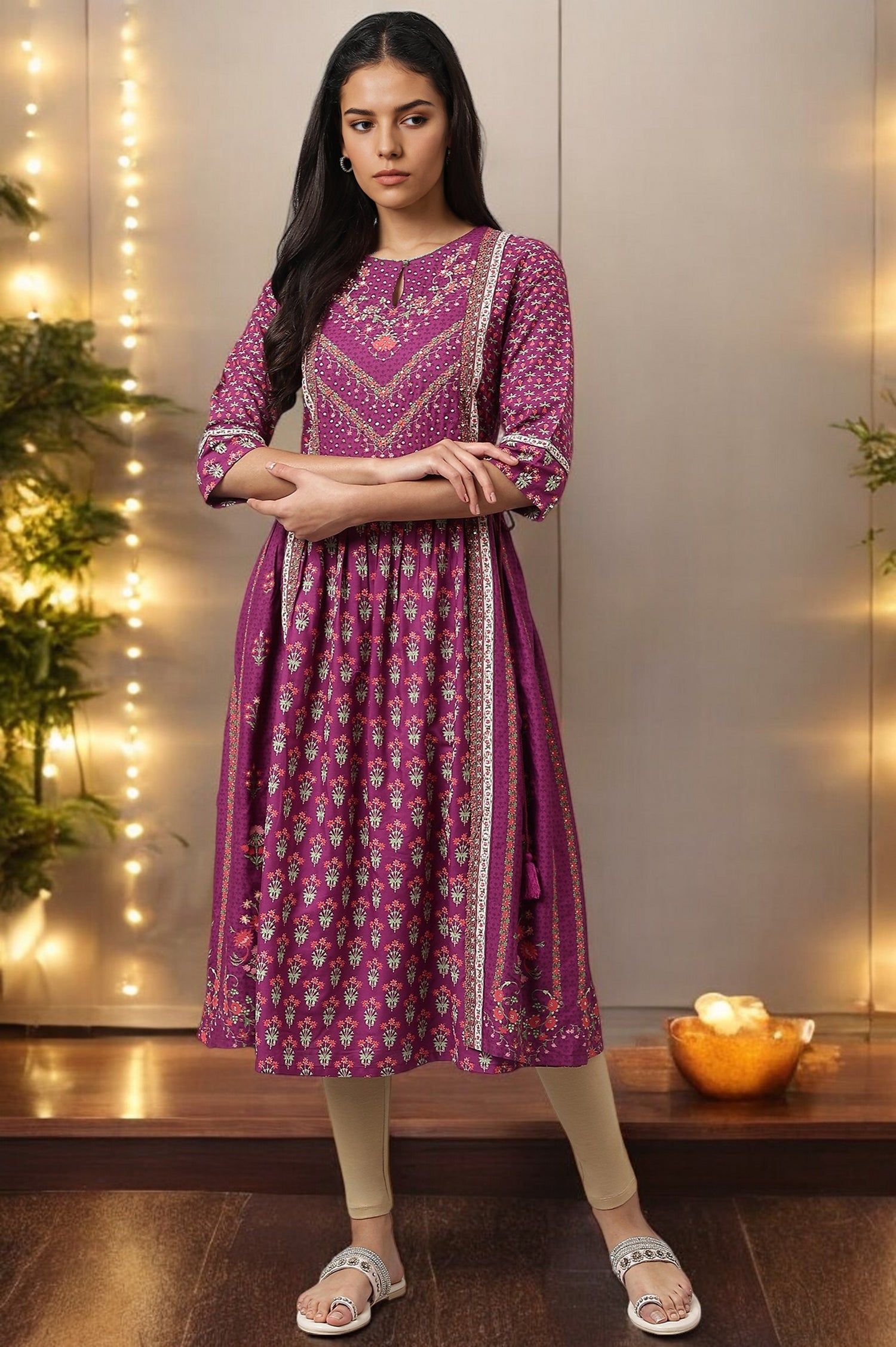 Dark Purple Flared Dress With Floral Print And Sequins