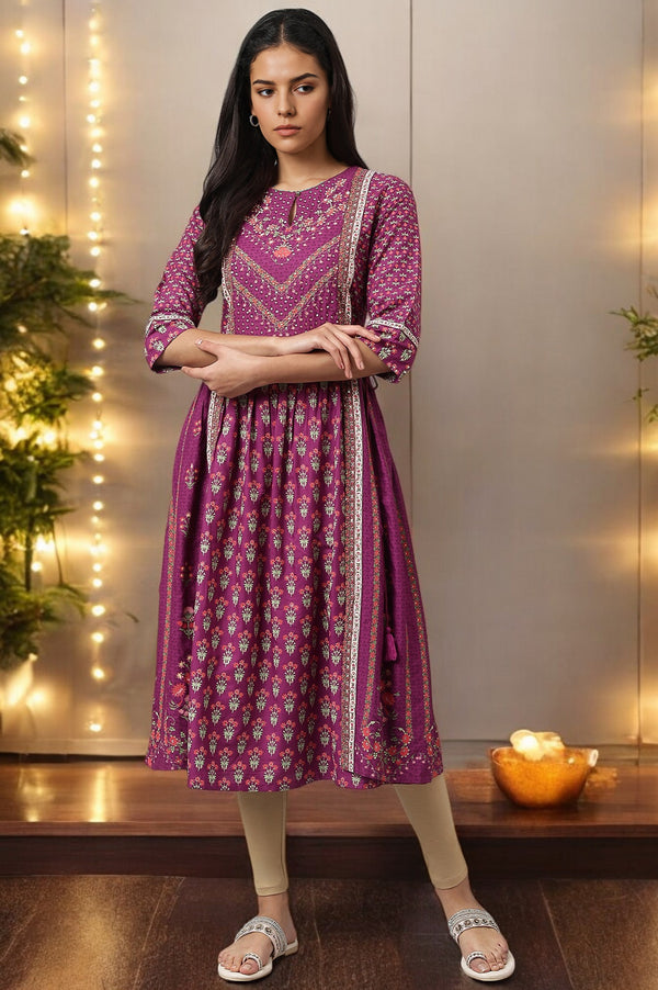 Dark Purple Flared Dress With Floral Print And Sequins