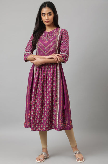 Dark Purple Flared Dress With Floral Print And Sequins - wforwoman