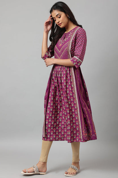 Dark Purple Flared Dress With Floral Print And Sequins - wforwoman