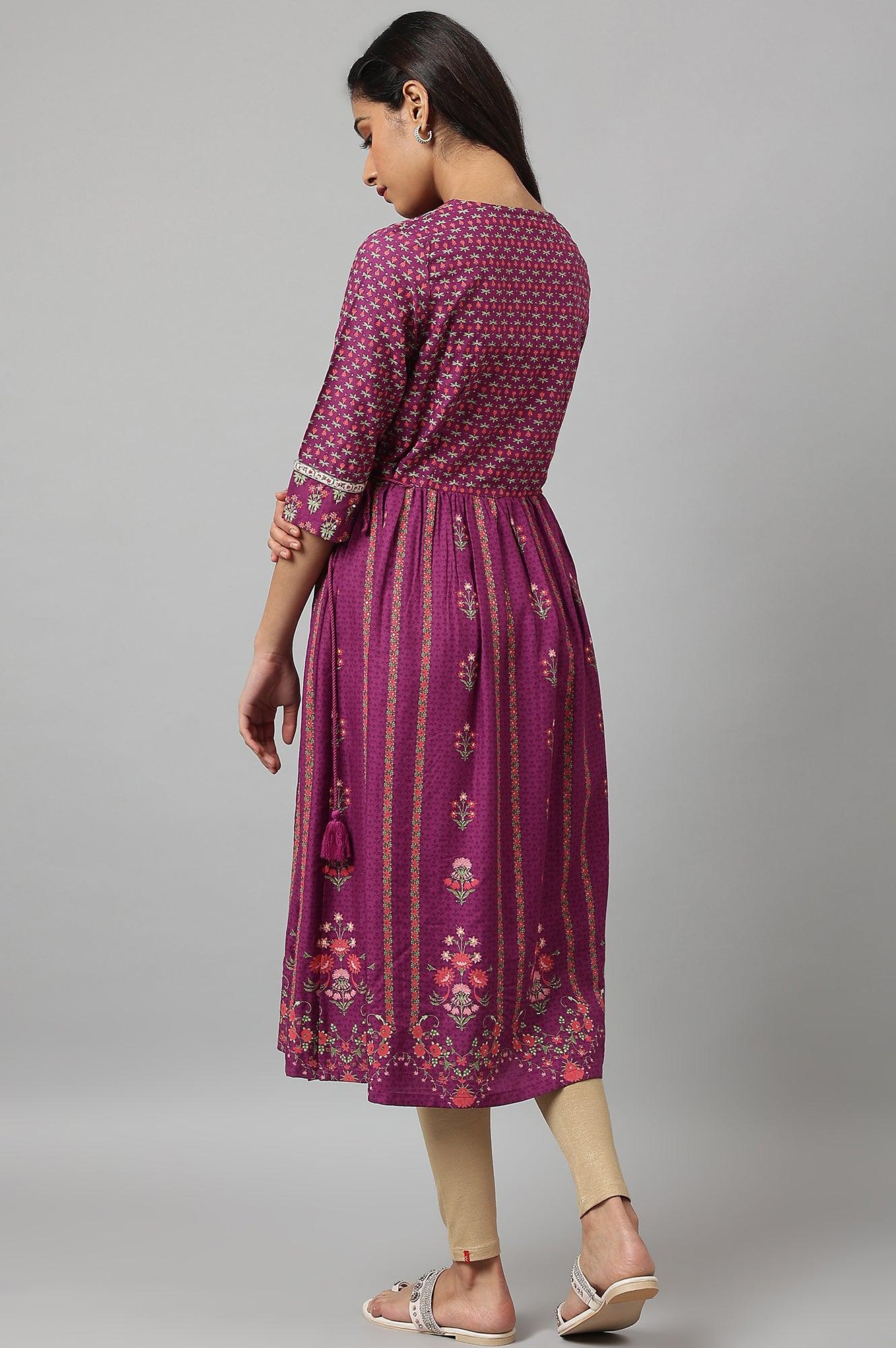 Dark Purple Flared Dress With Floral Print And Sequins - wforwoman