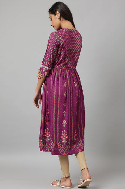 Dark Purple Flared Dress With Floral Print And Sequins - wforwoman