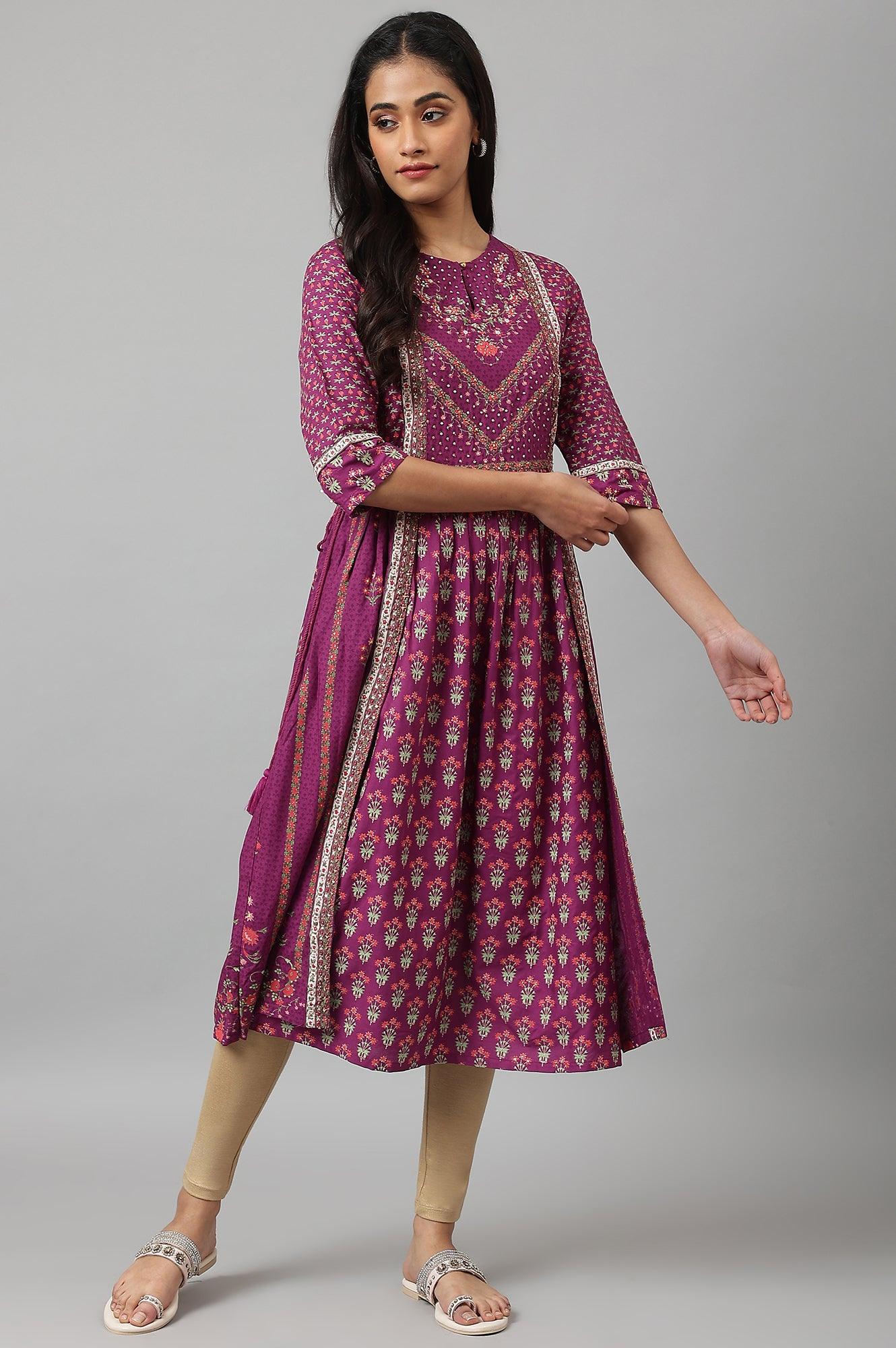 Dark Purple Flared Dress With Floral Print And Sequins - wforwoman