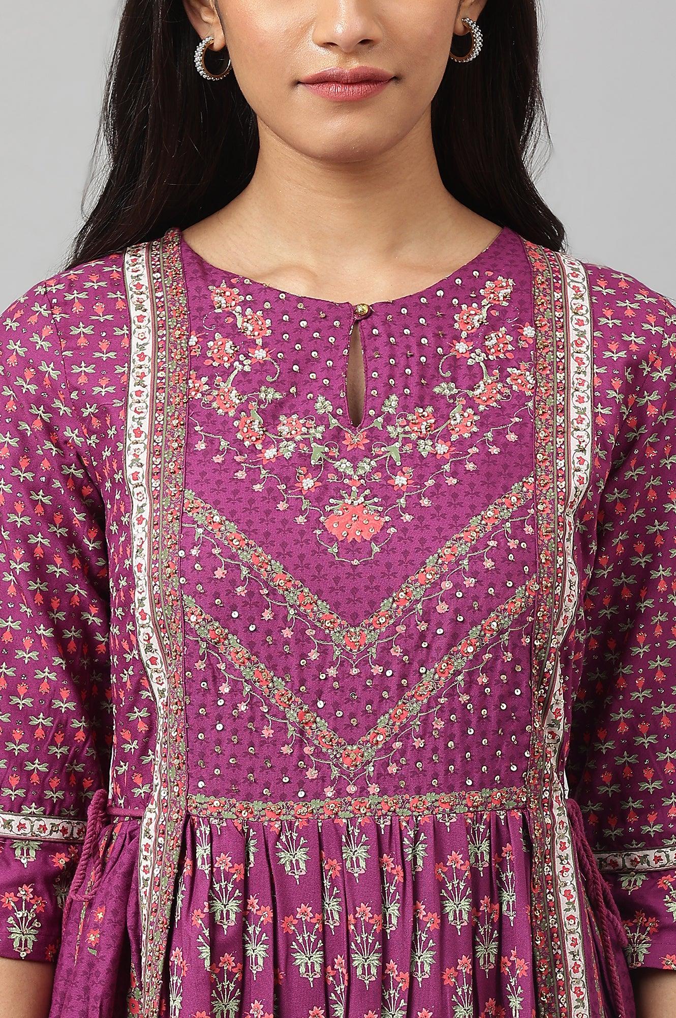 Dark Purple Flared Dress With Floral Print And Sequins - wforwoman