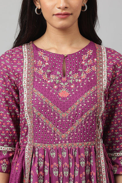 Dark Purple Flared Dress With Floral Print And Sequins - wforwoman