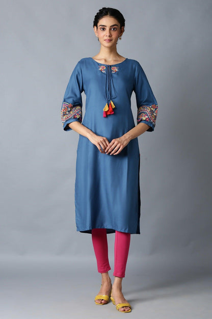 Deep Teal Straight Silhouette kurta With Thread Embroidery - wforwoman