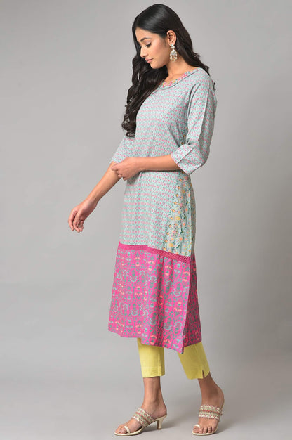 Blue And Pink Printed Straight kurta - wforwoman