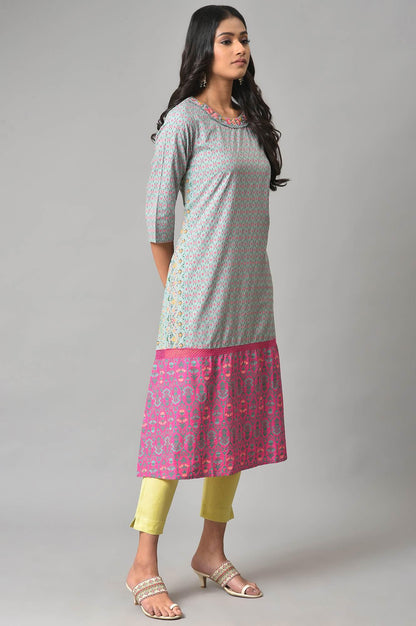 Blue And Pink Printed Straight kurta - wforwoman