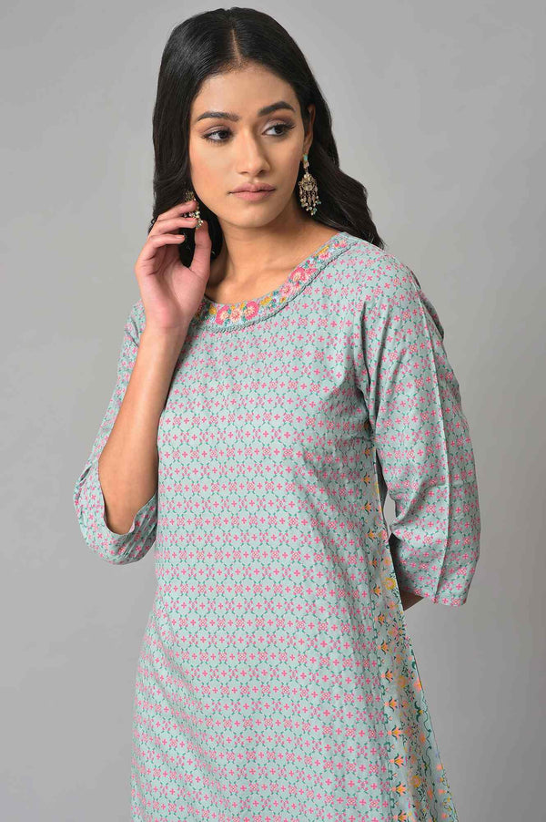 Blue And Pink Printed Straight kurta