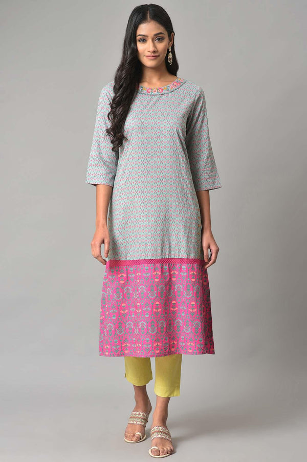 Blue And Pink Printed Straight kurta