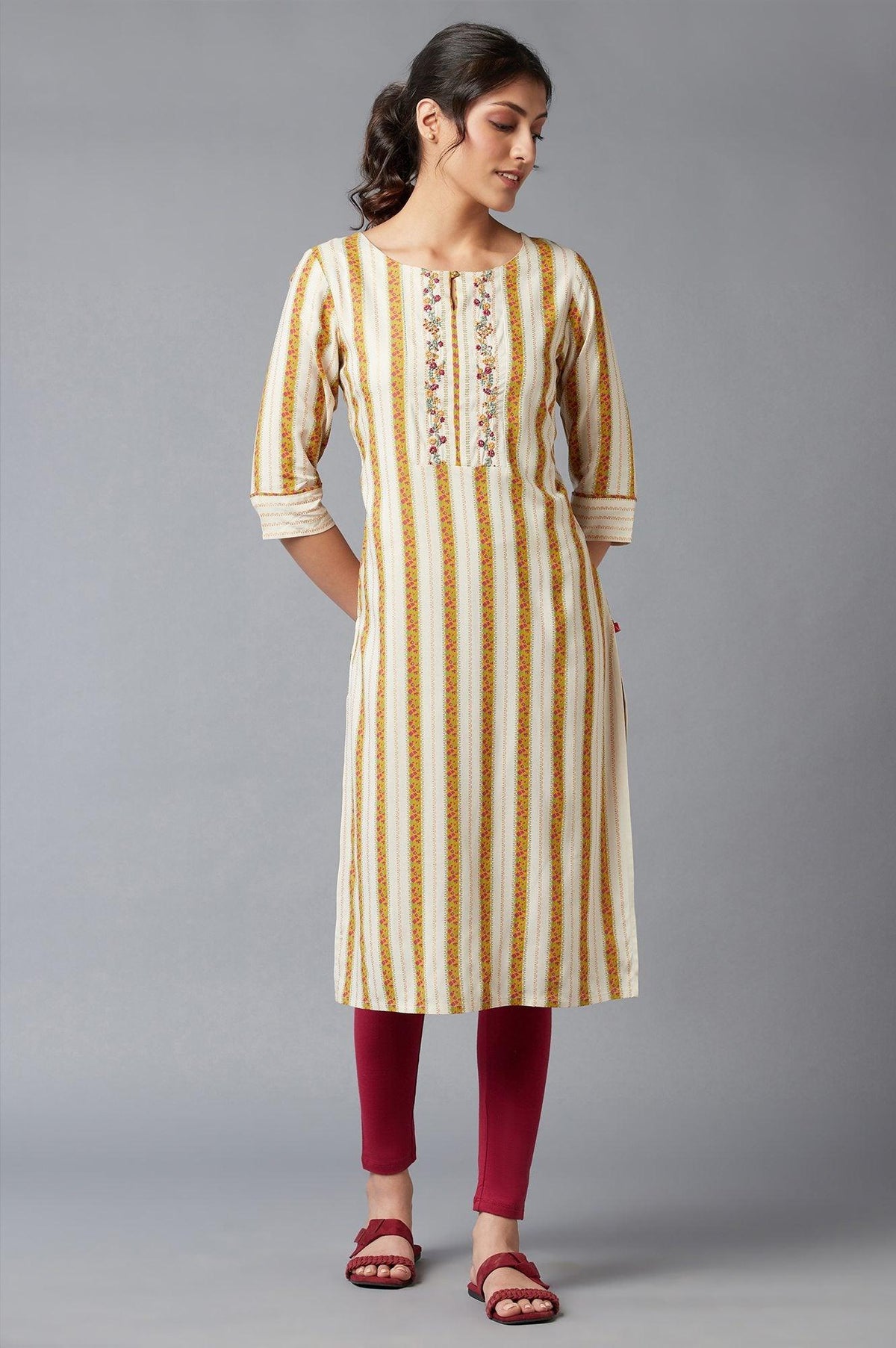 Ecru And Yellow Floral Print kurta With Thread Embroidery - XS