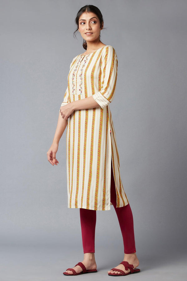 Ecru And Yellow Floral Print kurta With Thread Embroidery