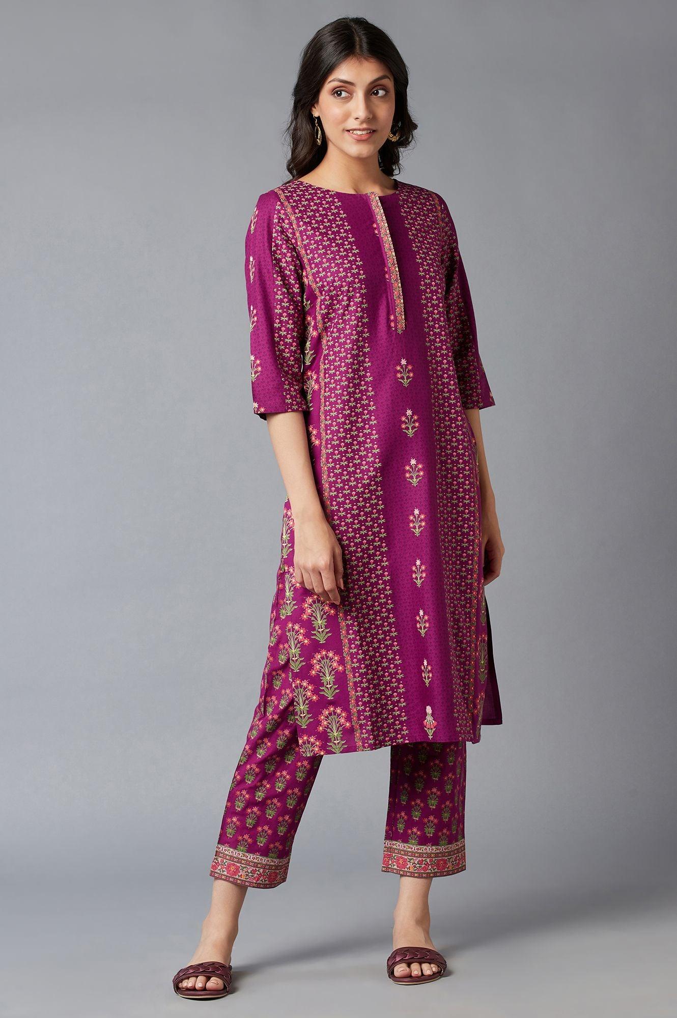 Dark Purple Floral Print kurta With Thread Embroidery - wforwoman