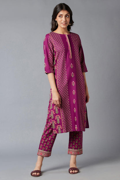 Dark Purple Floral Print kurta With Thread Embroidery - wforwoman