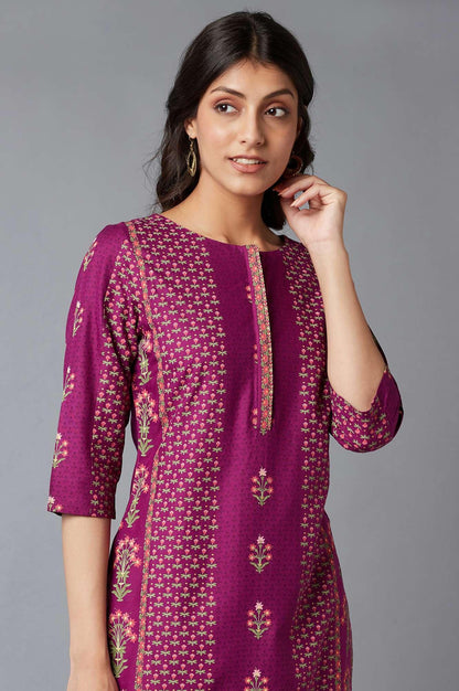 Dark Purple Floral Print kurta With Thread Embroidery - wforwoman