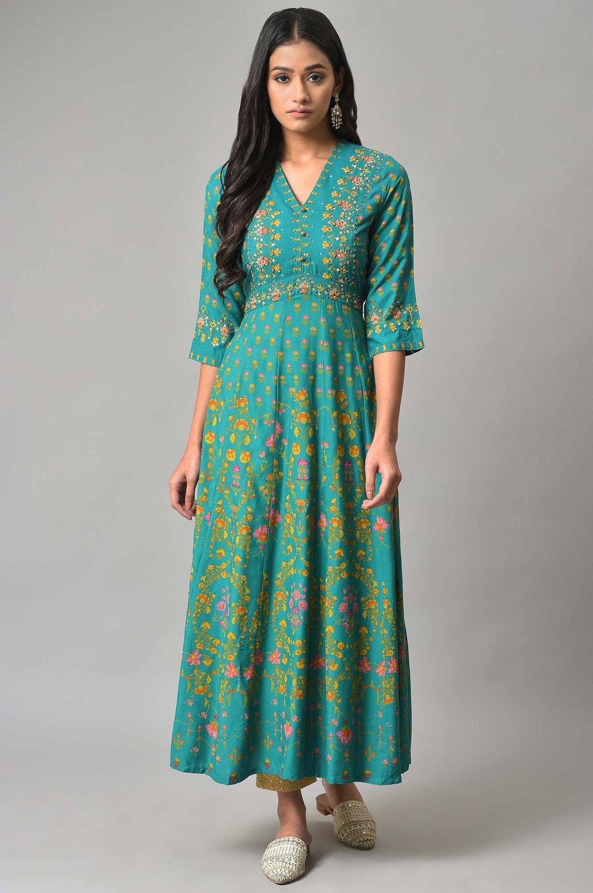 Dark Green Flared Dress With Floral Print And Sequins - XS