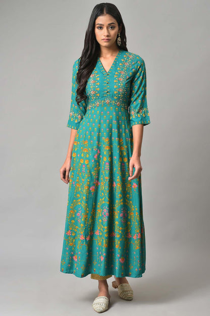 Dark Green Flared Dress With Floral Print And Sequins - wforwoman