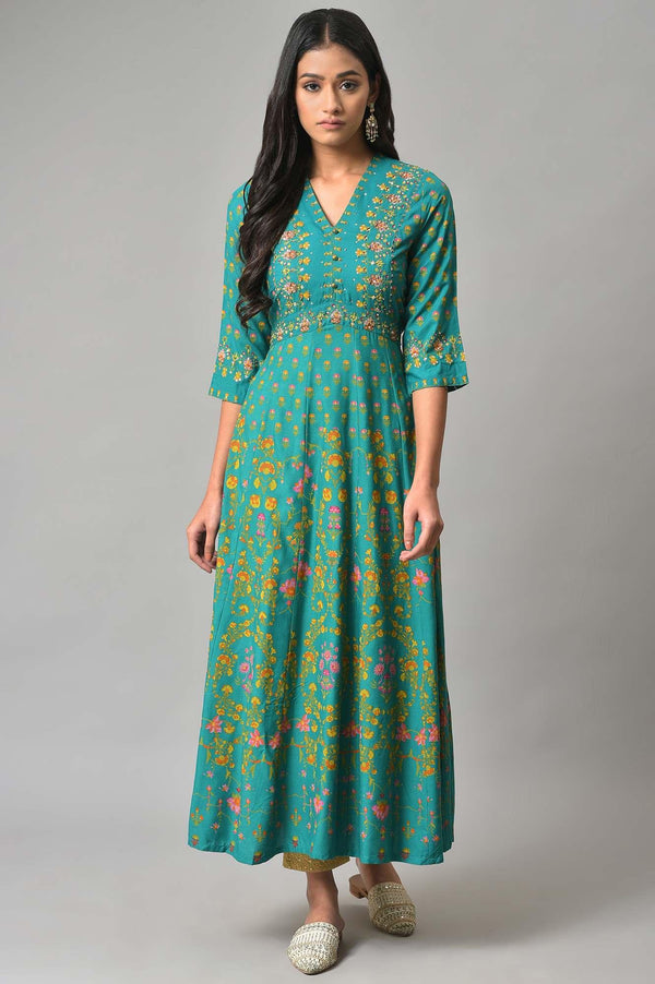 Dark Green Flared Dress With Floral Print And Sequins