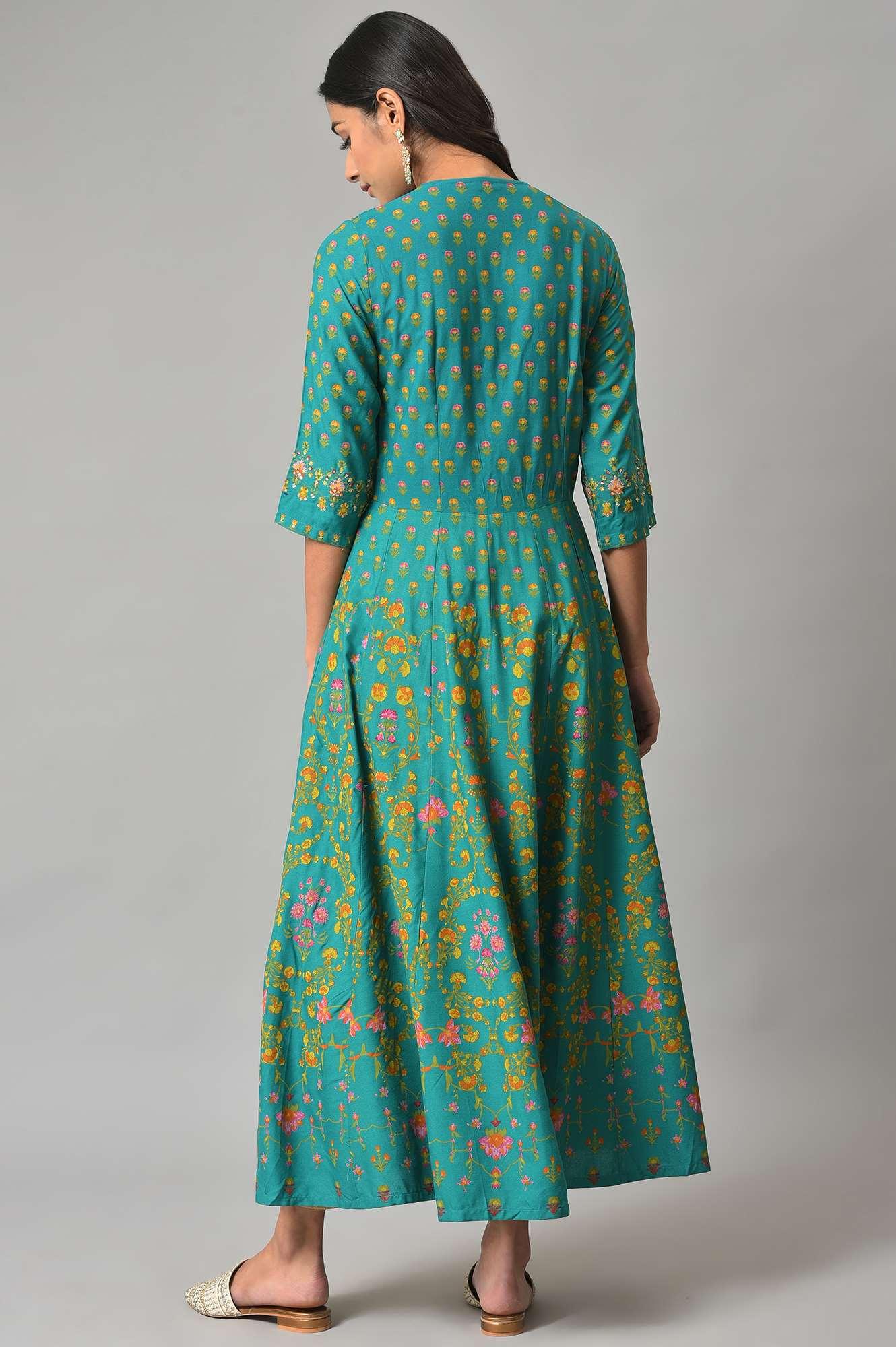 Dark Green Flared Dress With Floral Print And Sequins - wforwoman