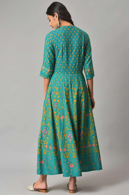 Dark Green Flared Dress With Floral Print And Sequins - wforwoman