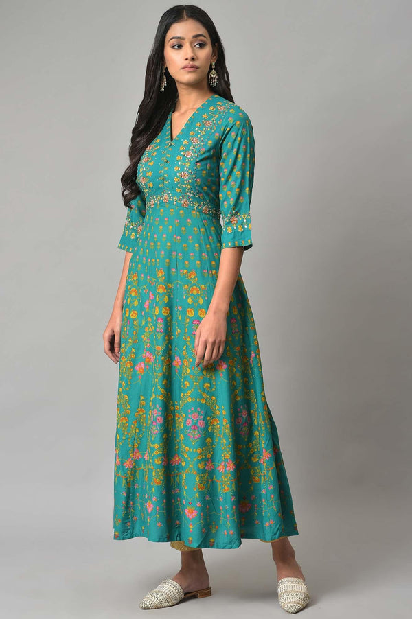 Dark Green Flared Dress With Floral Print And Sequins