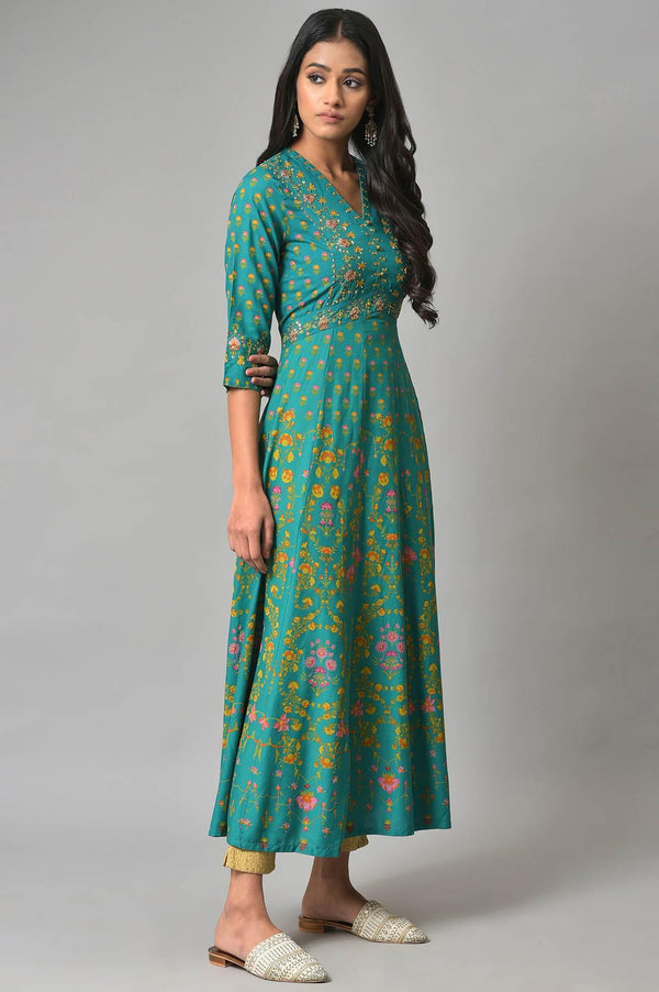 Dark Green Flared Dress With Floral Print And Sequins