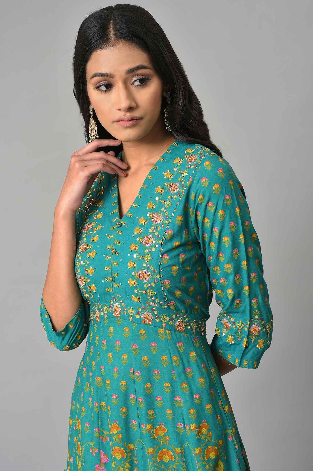 Dark Green Flared Dress With Floral Print And Sequins - wforwoman