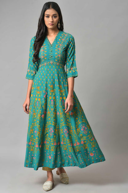 Dark Green Flared Dress With Floral Print And Sequins - wforwoman