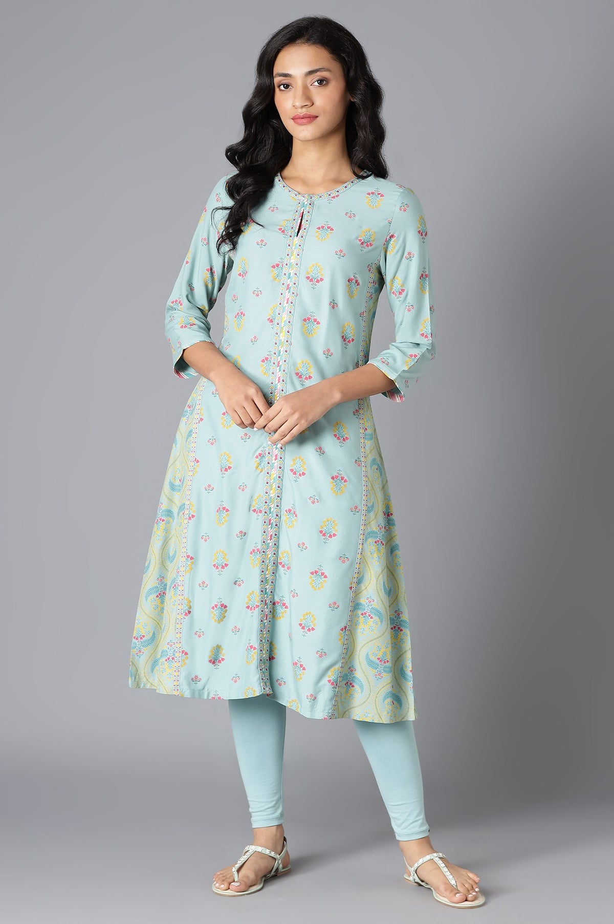 Aqua Blue Printed A-Line kurta With Thread Embroidery - XS