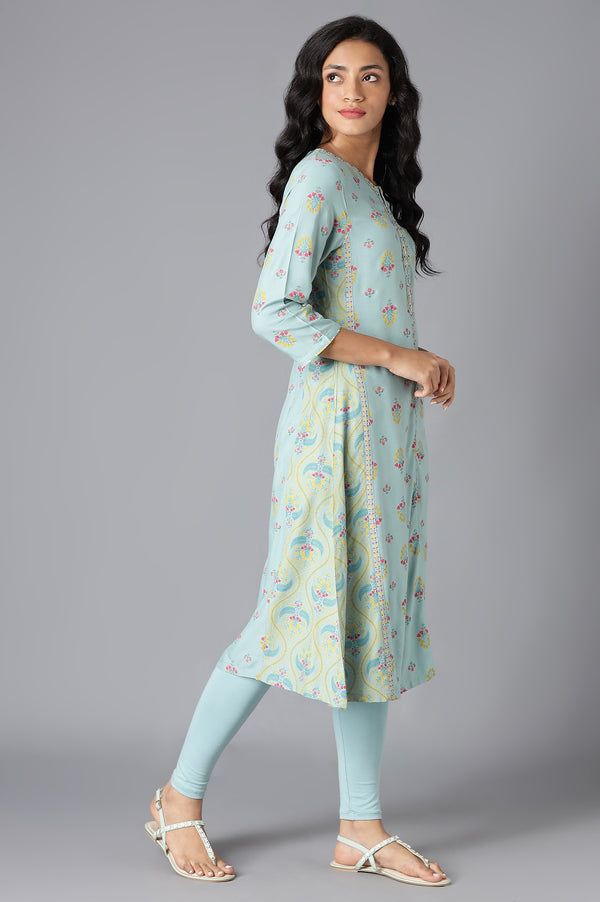 Aqua Blue Printed A-Line kurta With Thread Embroidery