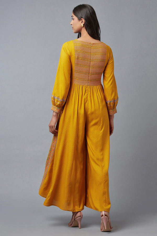 Mustard Yellow Smocked Yoke Jumpsuit With Embroidery