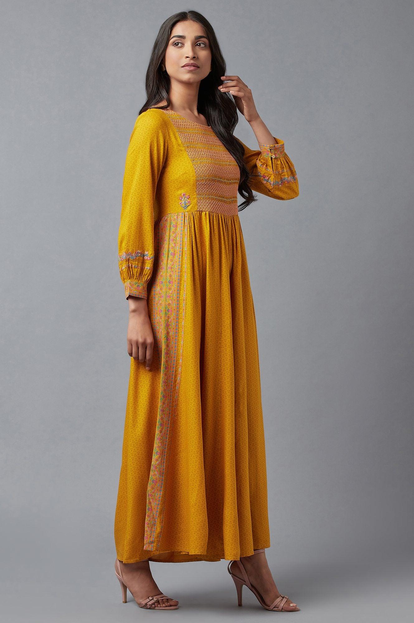 Mustard Yellow Smocked Yoke Jumpsuit With Embroidery - wforwoman
