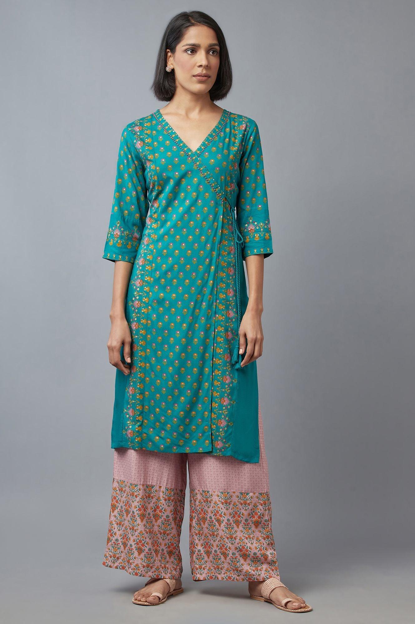 Teal Green Angrakha kurta with Sequin and Bead Work - wforwoman