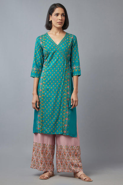 Teal Green Angrakha kurta with Sequin and Bead Work - wforwoman