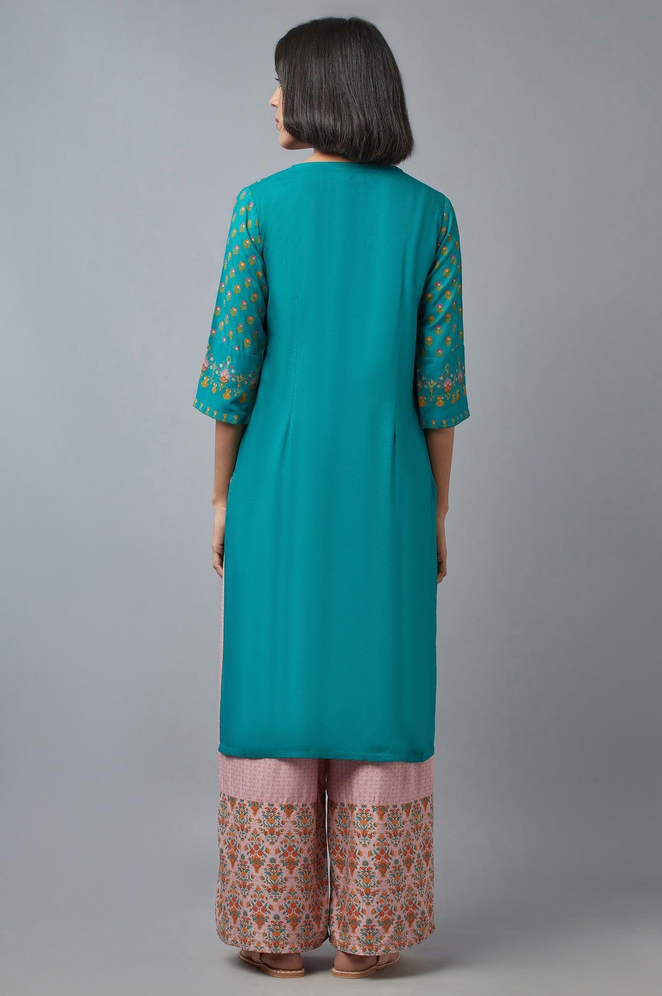 Teal Green Angrakha kurta with Sequin and Bead Work - wforwoman